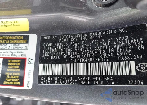 2017 Toyota Camry Se из США, поврежденный, VIN 4T1BF1FK4HU426392